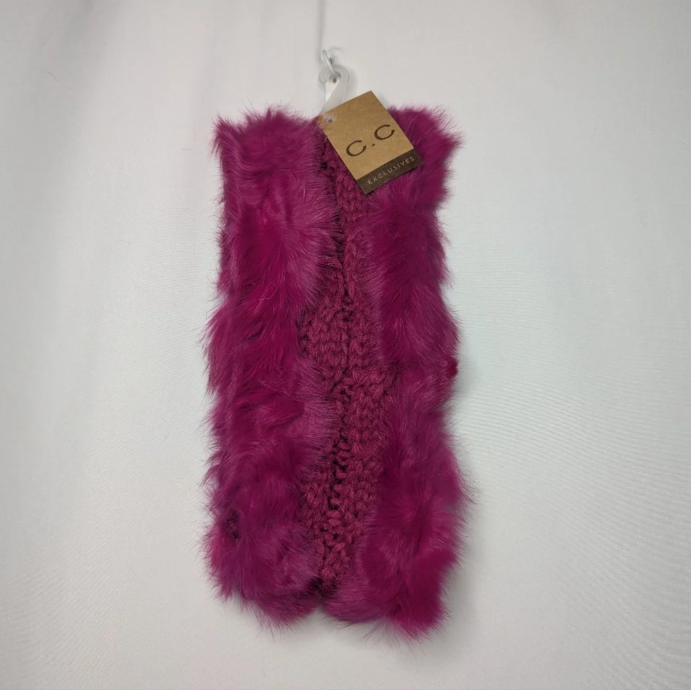 New C.C Cheveux Corp Womens Fuscia Faux Fur Lined Cable Knit Headband One Size